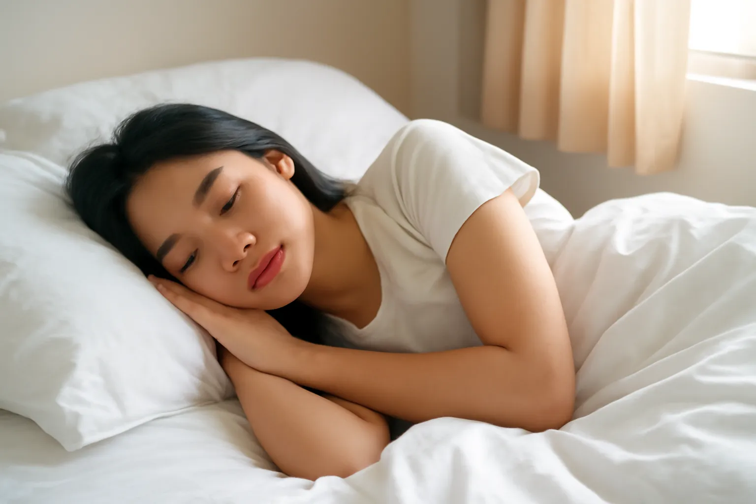 Cô gái ngủ nghiêng trên giường ga trắng, rèm hé nắng sớm