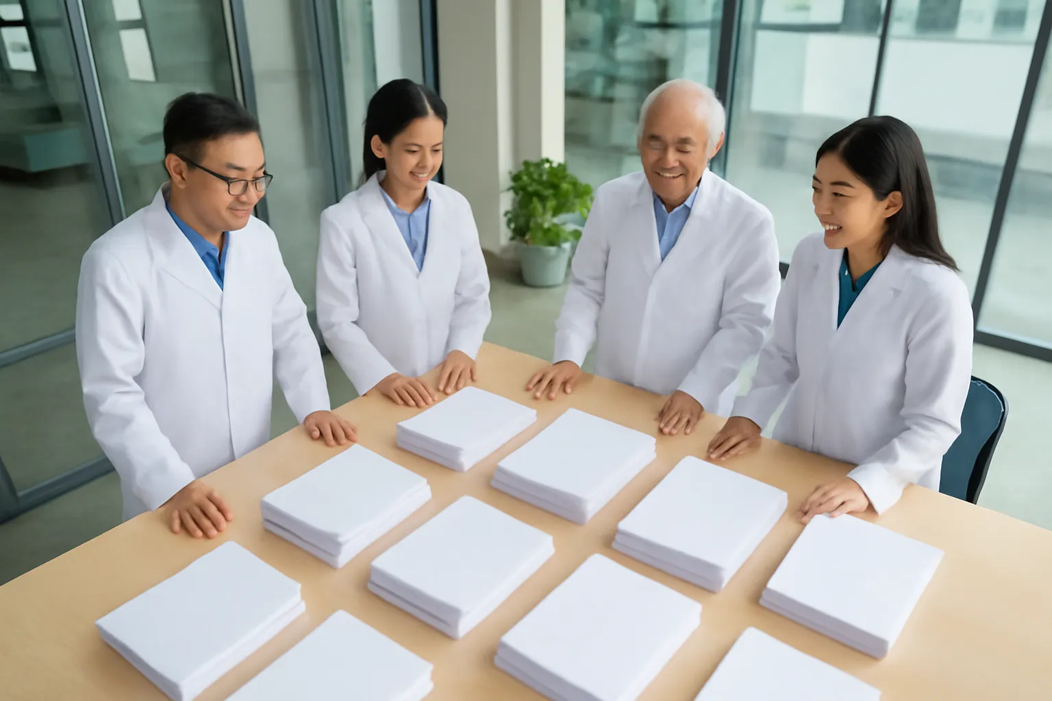 Nhóm nhà khoa học đứng quanh bàn dài xếp nhiều xấp tài liệu úp