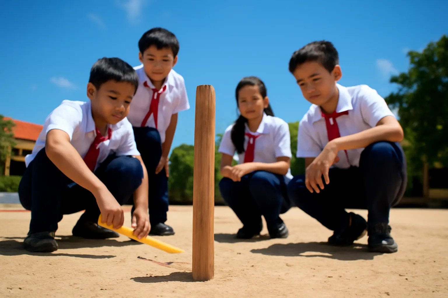 Cây gậy cắm đứng trên sân cát với cái bóng ngắn giữa trưa
