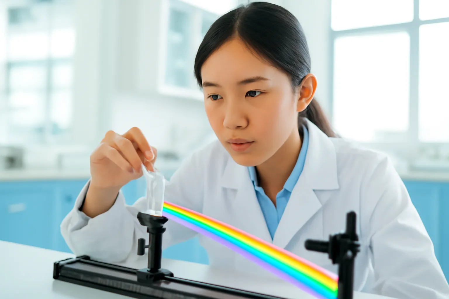 Nhà vật lý trẻ chỉnh lăng kính thuỷ tinh trên bàn quang học trong phòng thí nghiệm