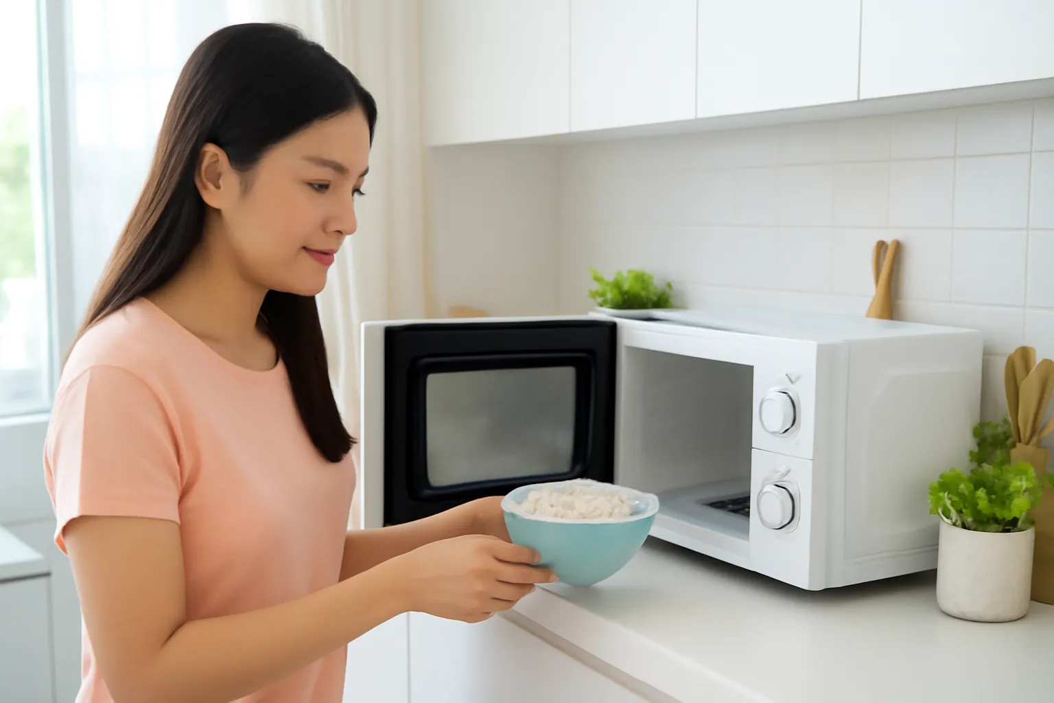 Cô gái đặt bát cơm vào lò vi sóng trong bếp căn hộ sáng