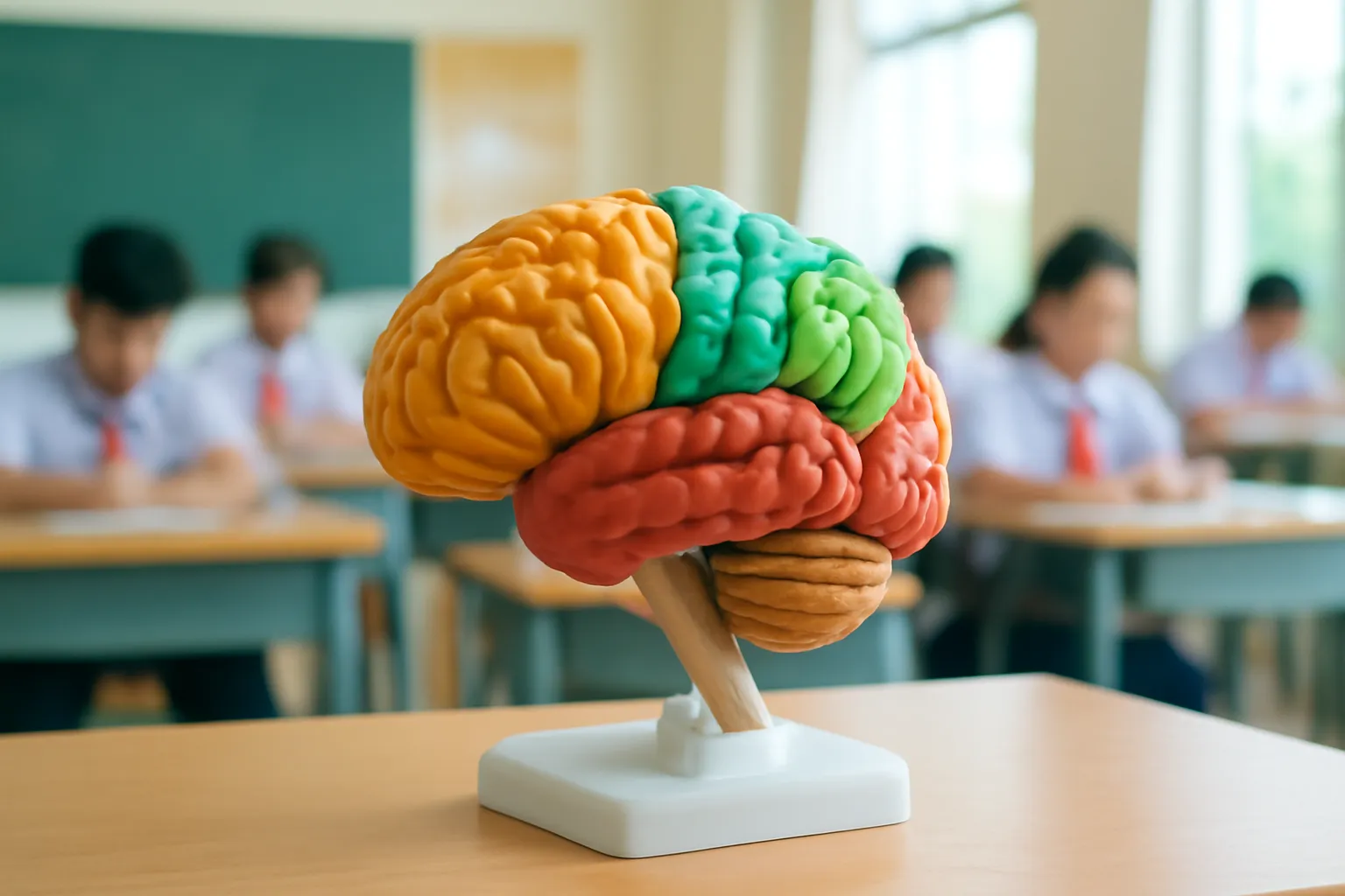 Mô hình não bằng nhựa đặt trên bàn giáo viên trong lớp học sáng