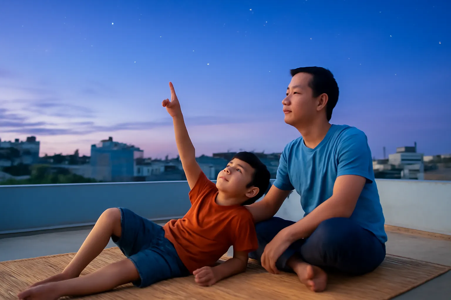 Cậu bé nằm trên chiếu ở sân thượng chỉ tay lên trời sao