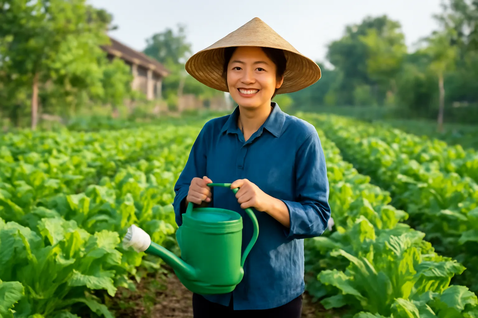 Hai luống rau cải cạnh nhau, cô nông dân cầm bình tưới trong vườn