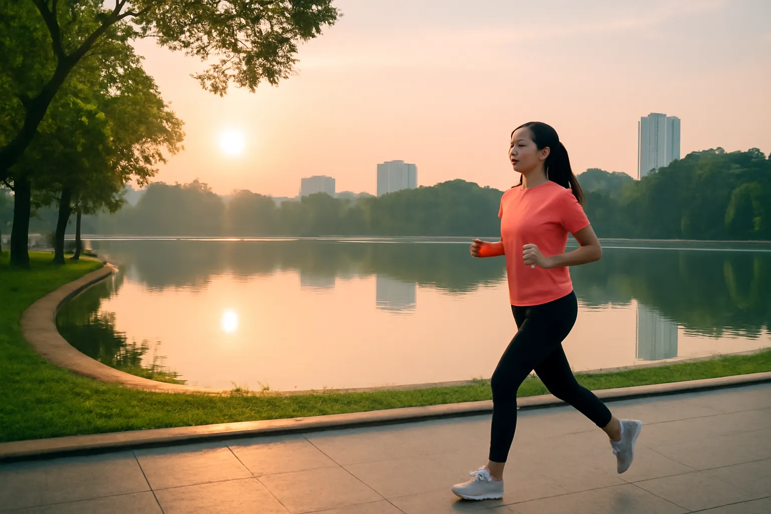 Người phụ nữ chạy bộ quanh hồ lúc bình minh