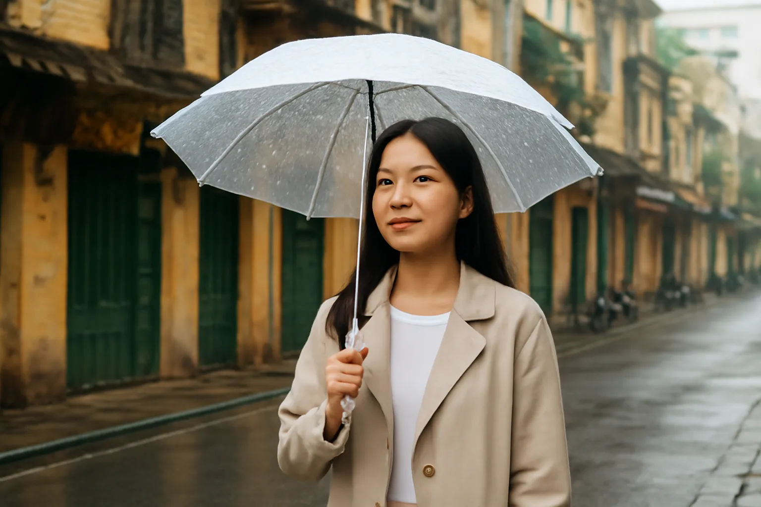 Cô gái mặc áo khoác cầm ô trong suốt đứng dưới mưa phùn phố cổ