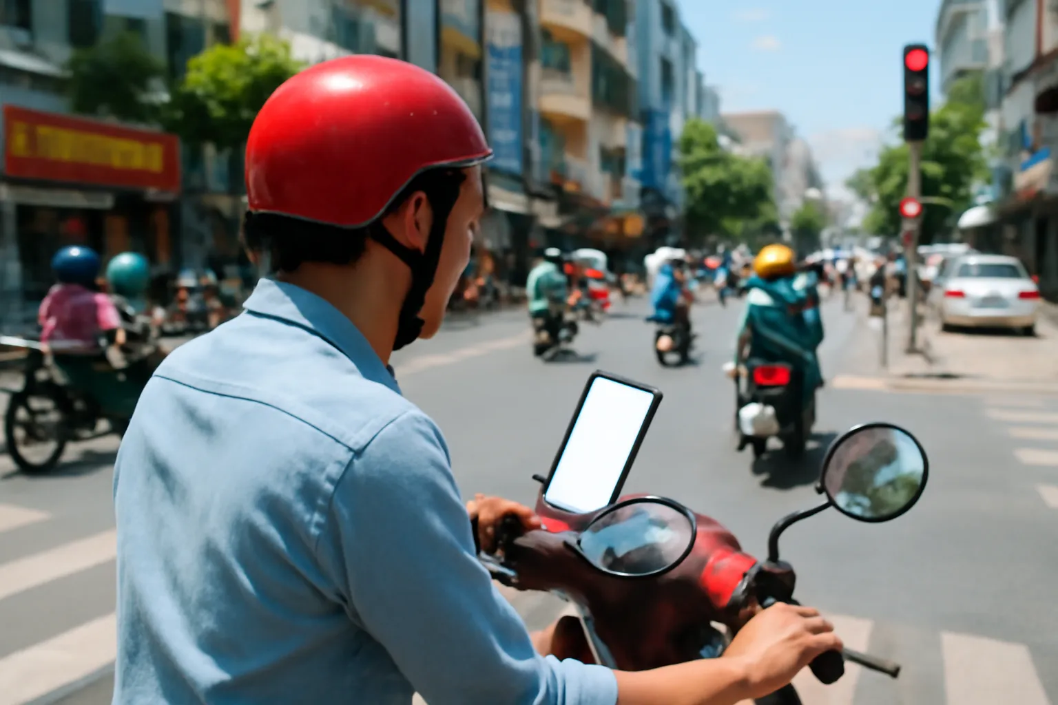 Người đi xe máy dừng đèn đỏ nhìn điện thoại gắn trên ghi đông