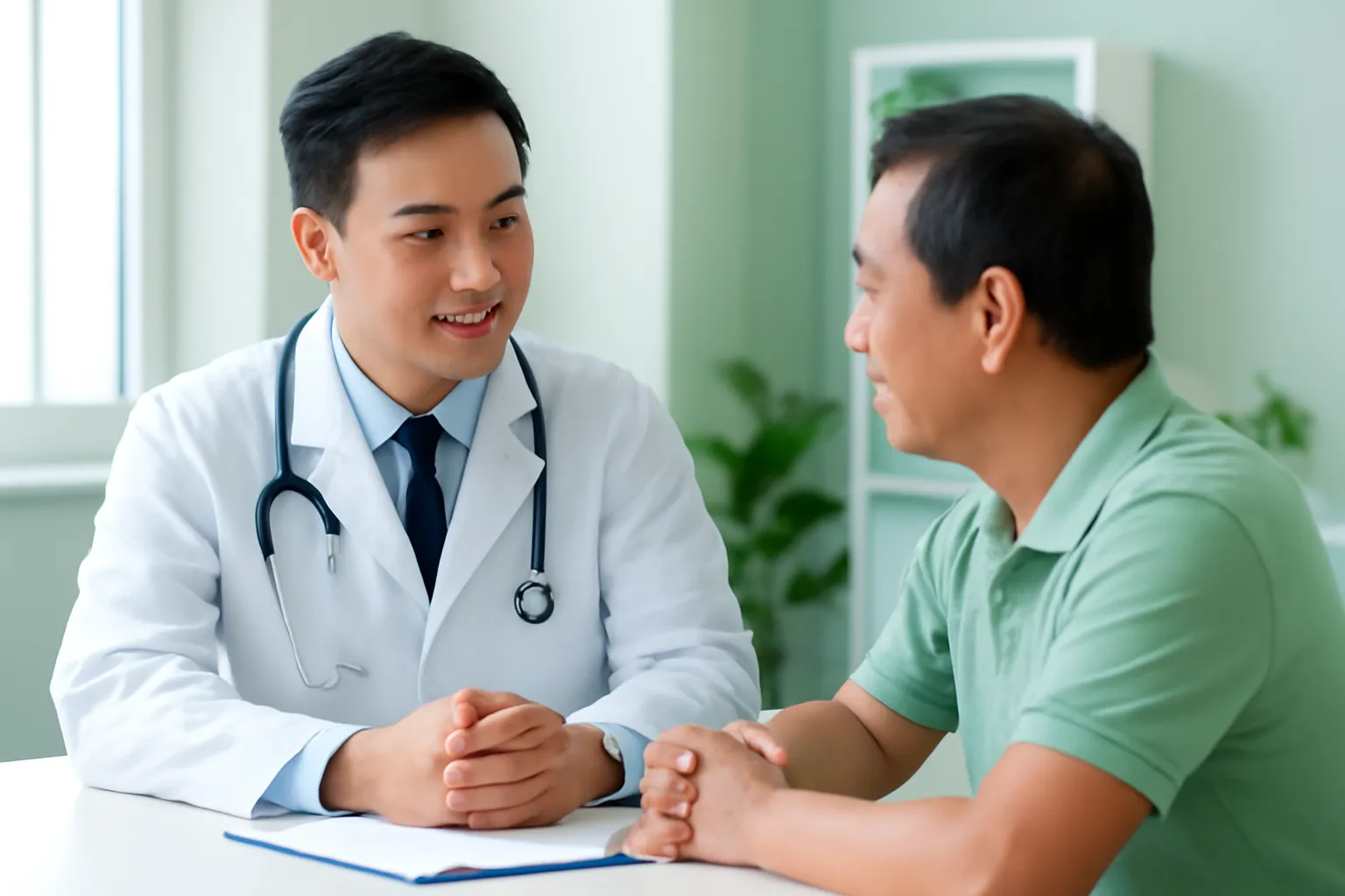Bác sĩ trò chuyện với bệnh nhân trung niên trong phòng khám sáng