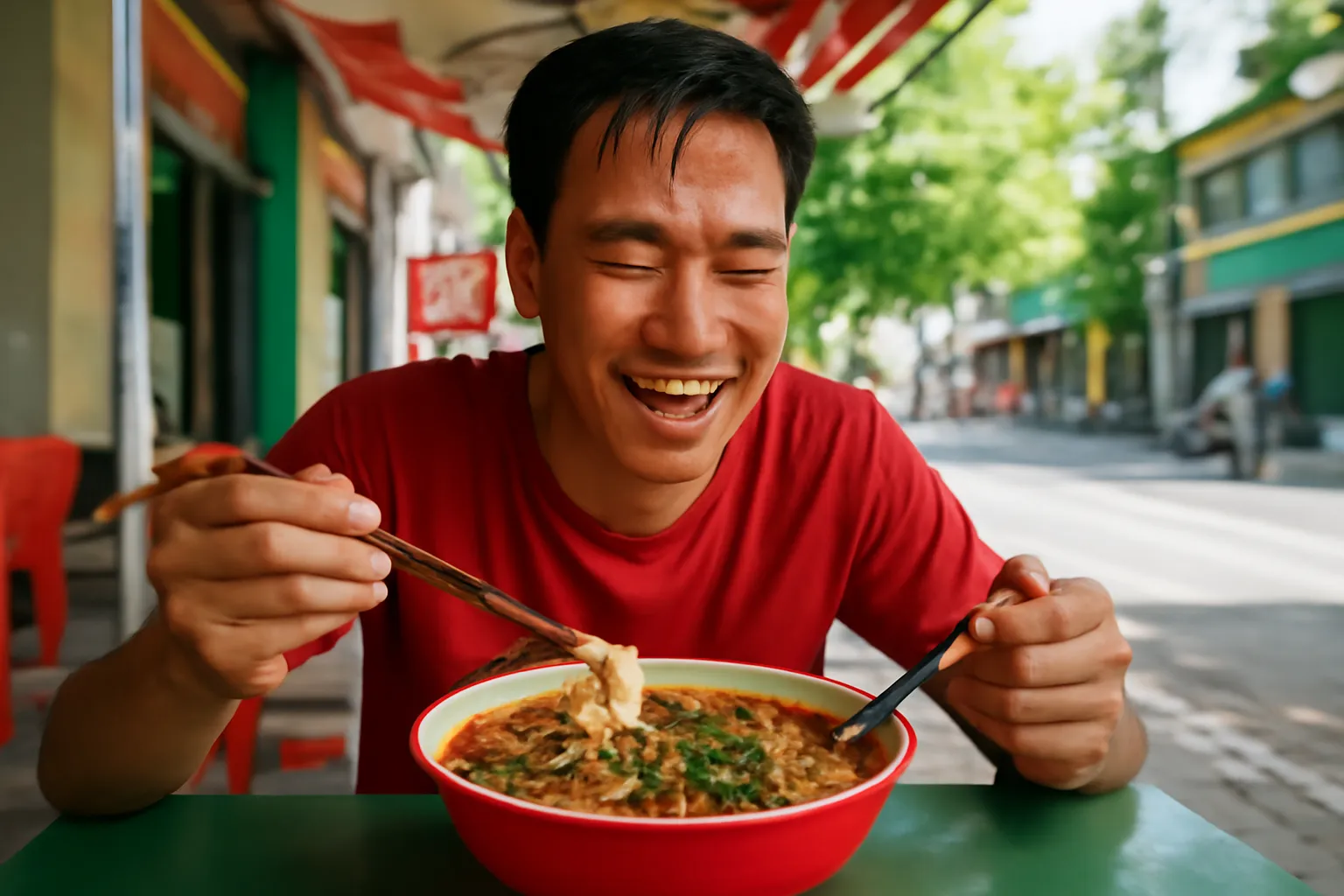 Chàng trai ăn bát bún bò đỏ ớt, mồ hôi trên trán ở quán vỉa hè