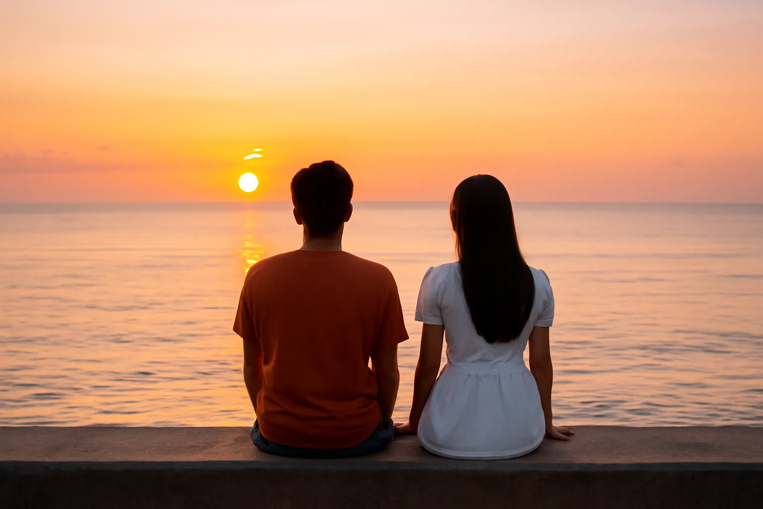 Cặp đôi ngồi trên đê biển ngắm hoàng hôn màu cam hồng