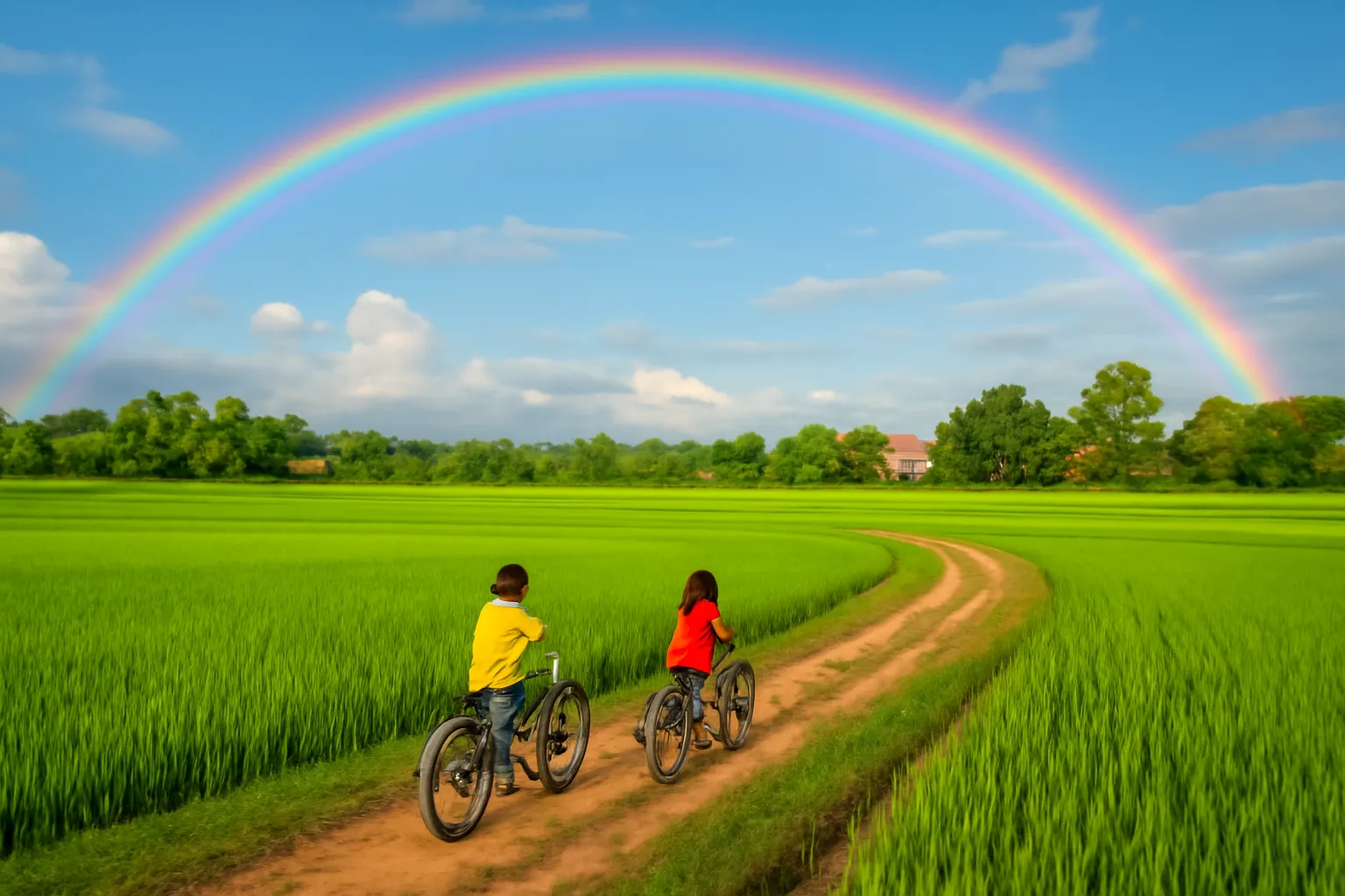 Cầu vồng trên đồng lúa sau mưa, trẻ con đạp xe trên bờ ruộng