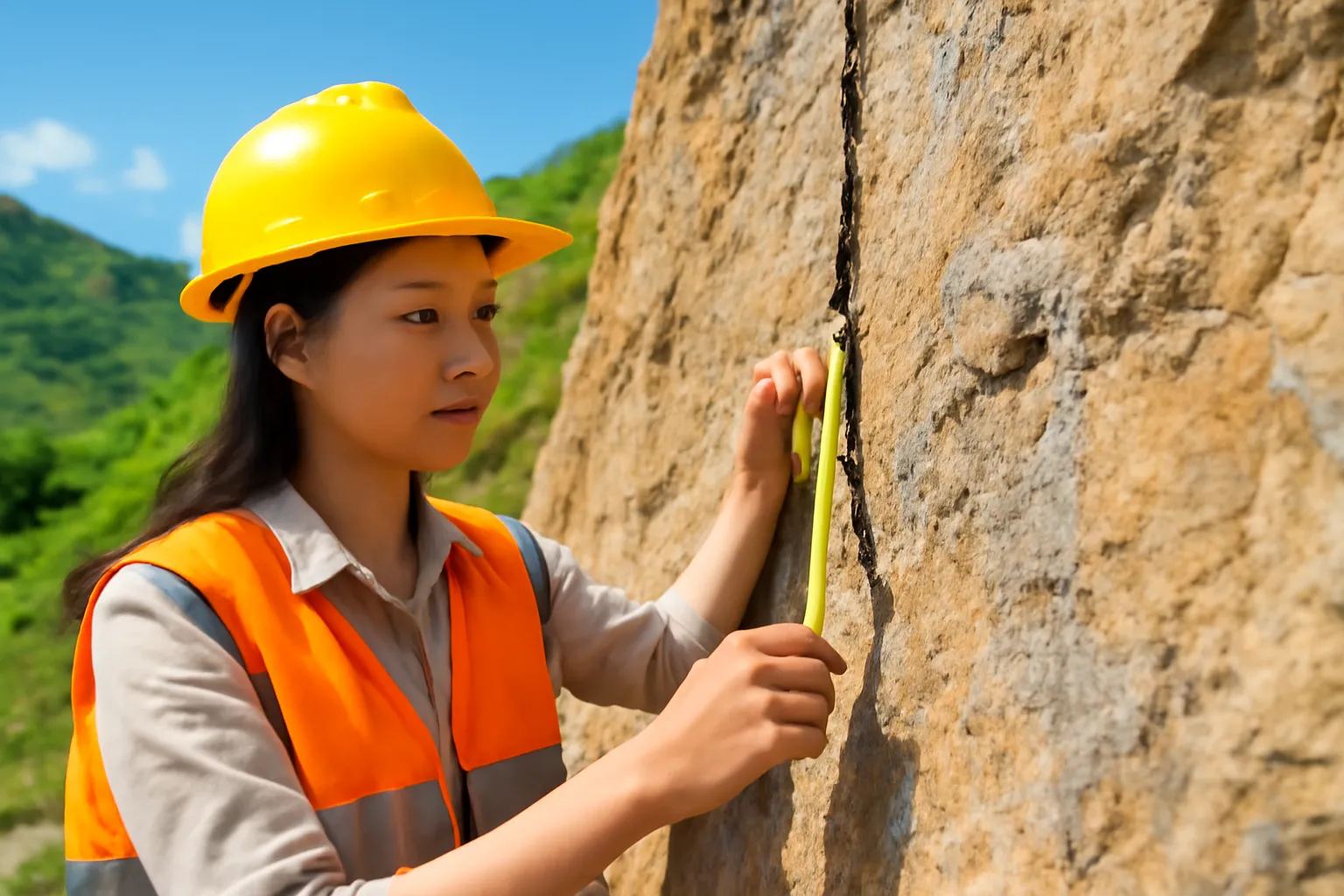 Nhà địa chất trẻ đo vết nứt trên vách đá bằng thước dây