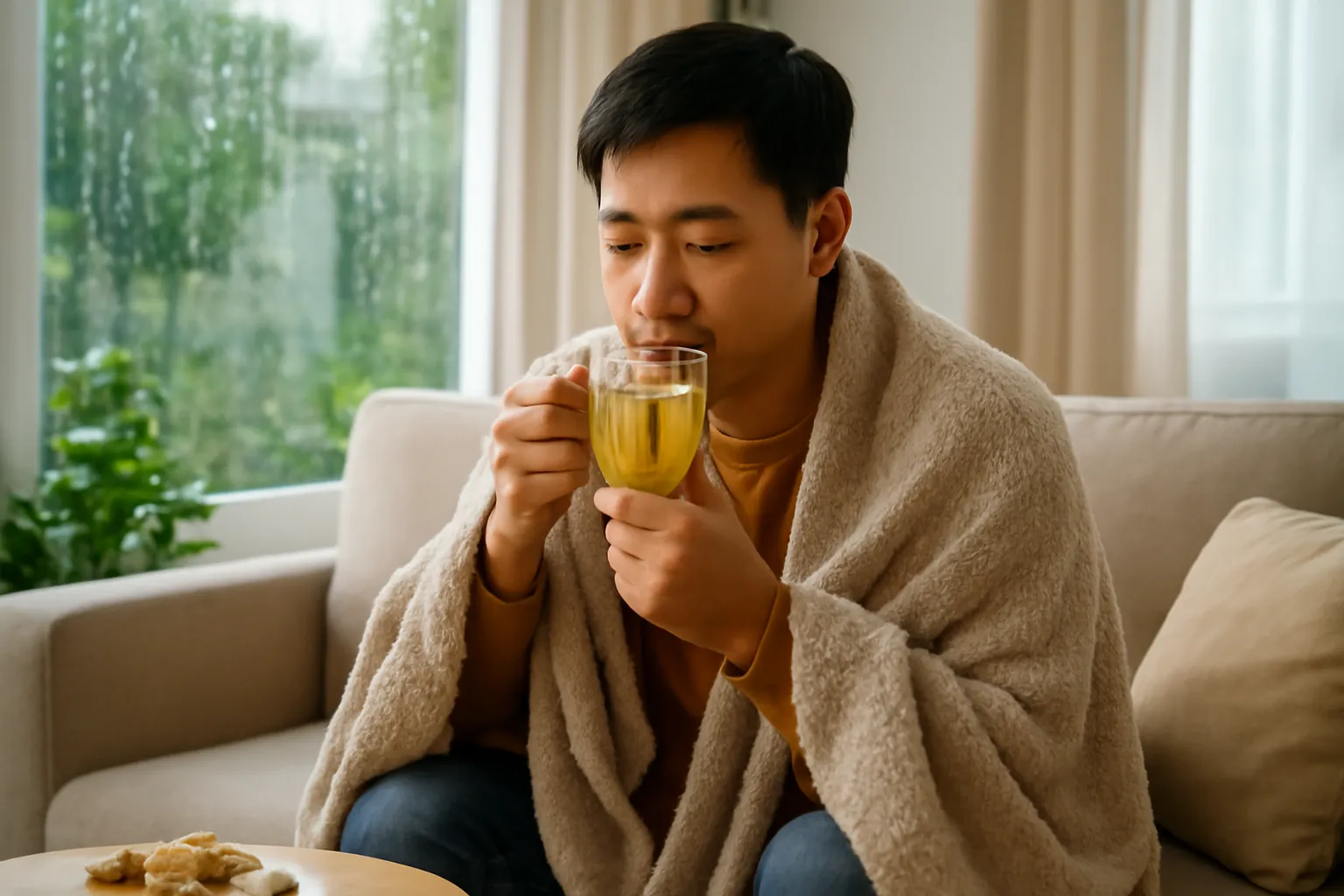 Người đàn ông quấn chăn uống nước gừng trên ghế sofa ngày mưa