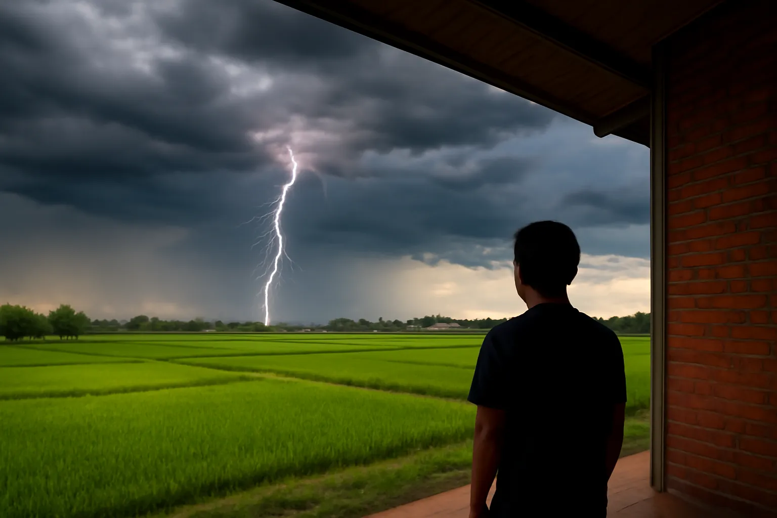 Tia chớp xa trên cánh đồng lúc chiều giông, người đứng dưới mái hiên