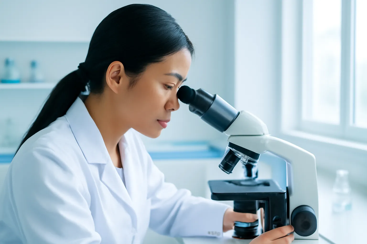 Nhà khoa học nữ nhìn vào kính hiển vi trong phòng thí nghiệm trắng sáng