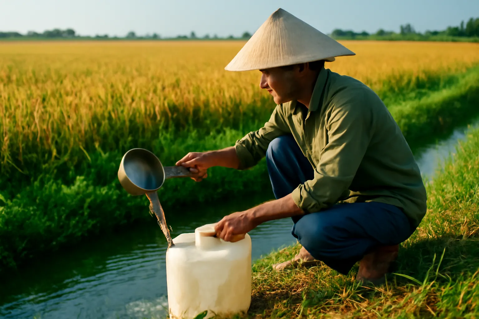 Nông dân miền Tây múc nước kênh vào can nhựa cạnh ruộng lúa khô